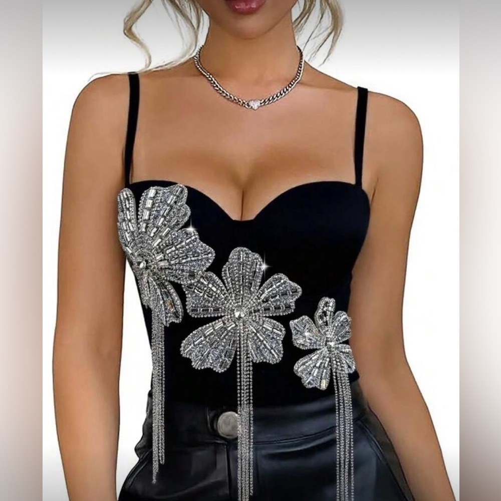 New Black Top with Silver Floral Rhinestones Size L